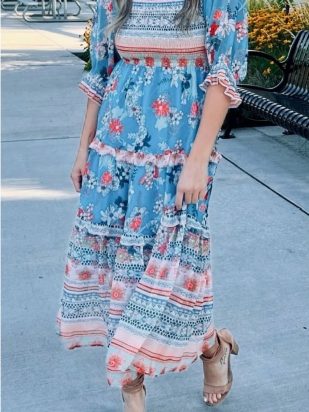 Davi & Dani Multi-Color Smocked Dress - Blue, Green, Red, Cream